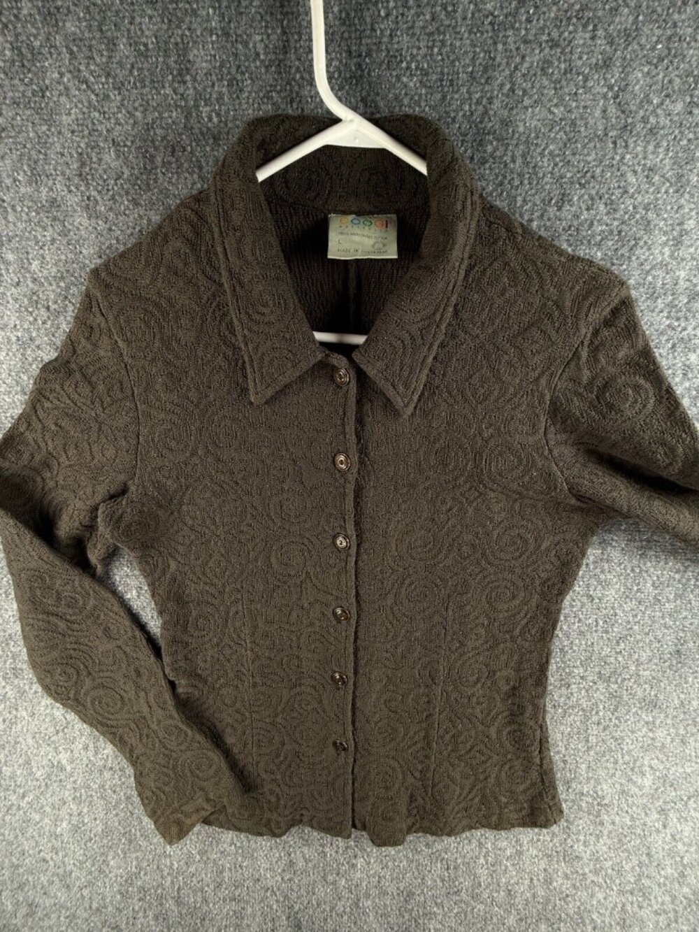 COOGI Women Cardigan Sweater Collared Swirl Knit Large Cotton Australia Stretch